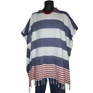 Turkish T Striped Hooded‎ Poncho Women One Size Blue White Red Fringe Cape Wrap